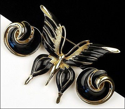 Vintage Trifari Figural Black Enamel Butterfly Insect Brooch Pin Set Earrings 1960's
