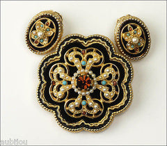 Vintage Signed Art Black Velvet Smoked Topaz Rhinestone Flower Brooch Pin Set 1960's
