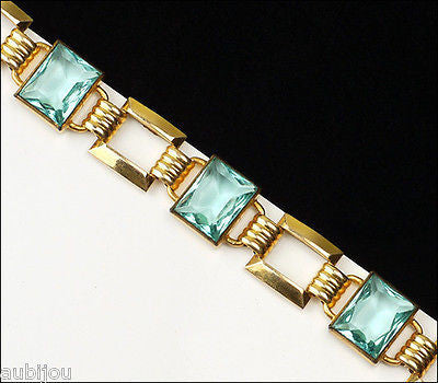 Vintage Simmons Gold Filled Art Deco Aqua Blue Aquamarine Glass Rhinestone Bracelet