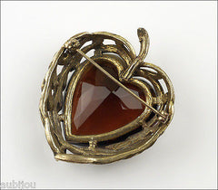 Vintage Capri Openback Smoked Topaz Glass Rhinestone Heart Leaf Brooch Pin Pendant