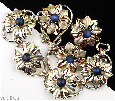 Vintage Kreisler Sterling Silver Floral Blue Frosted Glass Bracelet Brooch Pin Set