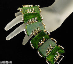 Vintage Signed Art Wide Spinach Green Marbled Bakelite Oriental Bamboo Bracelet 1960's