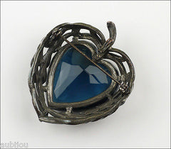 Vintage Capri Openback Montana Blue Glass Rhinestone Heart Leaf Brooch Pin Pendant