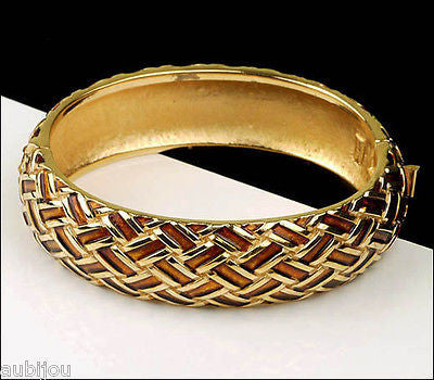 Vintage Signed Crown Trifari Enamel Print Hinged Bracelet Bangle 1960's Jewelry
