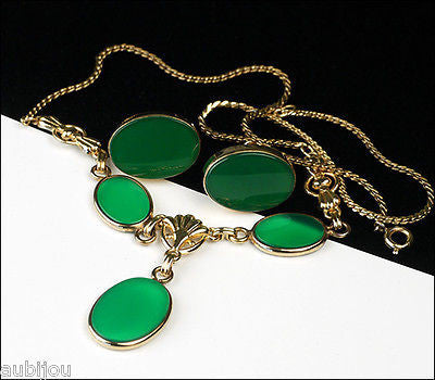 Vintage Van Dell Gold Filled Faux Chrysoprase Green Glass Cabochon Necklace Set 1960's