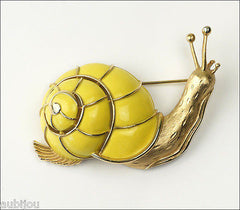 Vintage Crown Trifari 3D Figural Yellow Enamel Snail Brooch Pin Shell Slug 1960's
