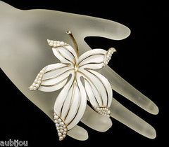 Vintage Trifari Large Floral White Enamel Simulated Pearl Leaf Brooch Pin 1960's