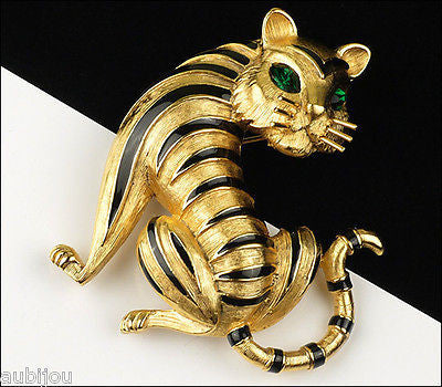 Vintage Trifari Gold Rush Ark Enamel Figural Tiger Cat Brooch Pin 1990's Animal