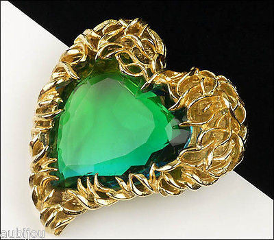 Vintage Signed Art Openback Green Art Glass Rhinestone Heart Leaf Brooch Pin 1960's