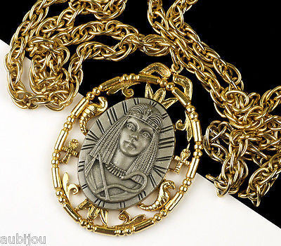 Vintage Signed Art Egyptian Revival Nefertiti Queen Pendant Necklace Medallion 1970's