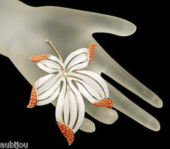 Vintage Trifari Large Floral White Enamel Faux Coral Cabochon Leaf Brooch Pin 1960's