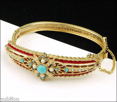 Vintage Signed Art Ornate Victorian Red Velvet Faux Turquoise Bracelet Bangle 1960's