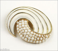 Vintage Trifari Large White Enamel Simulated Pearl Swirl Brooch Pin Set Earrings 1960's