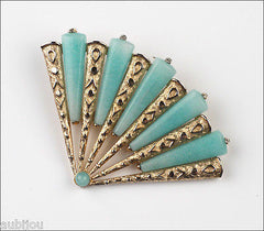 Vintage Marvella Asian Oriental Figural Light Blue Art Glass Fan Brooch Pin 1960's