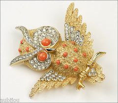 Vintage Crown Trifari Figural Faux Coral Rhinestone Owl Bird Brooch Pin Set Earrings