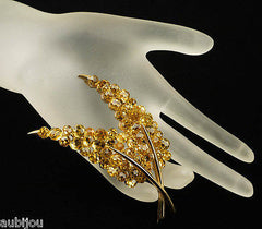 Trifari Briolette Light Topaz Yellow Faceted Glass Rhinestone Leaf Brooch Pin