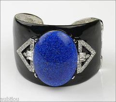 Kenneth Lane KJL Art Deco Black Enamel Faux Lapis Blue Cabochon Cuff Bracelet