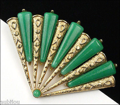 Vintage Marvella Asian Oriental Figural Faux Jade Green Peking Glass Fan Brooch Pin