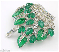Vintage Jomaz Fruit Salad Emerald Green Leaf Molded Glass Rhinestone Brooch Pin