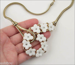 Vintage Trifari White Molded Glass Floral Forget Me Not Necklace Earrings Set 1950's