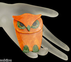 Lea Stein Buba The Owl Bird Brooch Pin Pearly Orange Green Mannequin