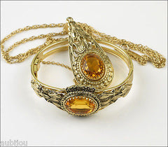 Vintage Whiting Davis Topaz Glass Rhinestone Pendant Necklace Hinged Bracelet Set