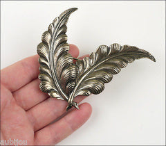 Vintage Large Cini Sterling Silver 3D Floral Double Leaf Brooch Pin 1950's Jewelry