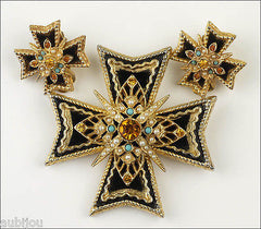 Vintage Signed Art Heraldic Black Velvet Rhinestone Maltese Cross Brooch Pin Set 1960's