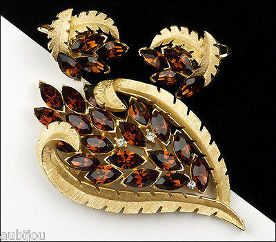 Vintage Trifari Smoked Topaz Rhinestone Floral Leaf Brooch Pin Set Earrings 1960's
