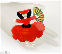 Lea Stein Ballerina Scarlett O'Hara Fan Brooch Pin Red Black Multicolor Mannequin