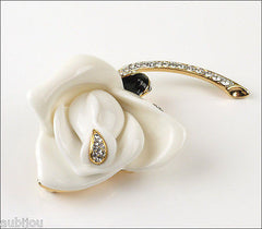 Kenneth Jay Lane KJL Floral Flower 3D White Rose Brooch Pin Enamel Rhinestone