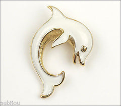 Vintage Crown Trifari Figural White Enamel Dolphin Fish Brooch Pin Sea 1960's