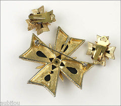 Vintage Signed Art Heraldic Black Velvet Rhinestone Maltese Cross Brooch Pin Set 1960's