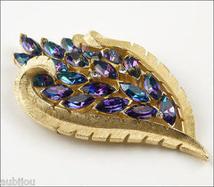 Vintage Trifari Purple Heliotrope Glass Rhinestone Floral Leaf Brooch Pin 1960's