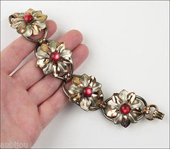 Vintage Kreisler Sterling Silver Floral Red Frosted Glass Bracelet Brooch Pin Set