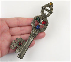 Vintage Large Figurla Medieval Multicolor Cabochon Key Brooch Pin 1960's Jewelry