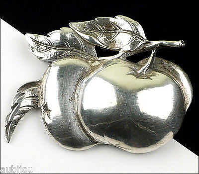 Vintage Cini Sterling Silver 3D Floral Double Apple Fruit Leaf Brooch Pin 1950's