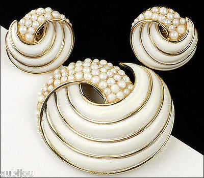 Vintage Trifari Large White Enamel Simulated Pearl Swirl Brooch Pin Set Earrings 1960's