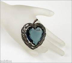 Vintage Capri Openback Montana Blue Glass Rhinestone Heart Leaf Brooch Pin Pendant