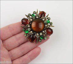 Vintage Signed Art Modeart Amber Rootbeer Glass Cabochon Rhinestone Brooch Pin Set