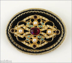 Vintage Signed Art Ornate Victorian Black Velvet Siam Red Rhinestone Brooch Pin 1960's