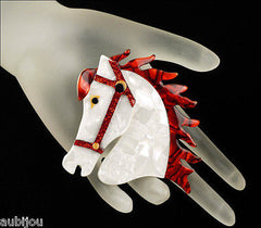Lea Stein Butter The Horse Head Brooch Pin Pearly White Red Mannequin