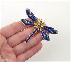Vintage Crown Trifari Figural Dark Blue Enamel Dragonfly Insect Brooch Pin 1960's