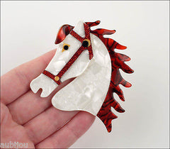 Lea Stein Butter The Horse Head Brooch Pin Pearly White Red Model