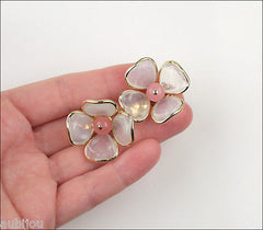 Vintage Trifari Pink Poured Glass Floral Flower Translucent Brooch Pin Set Earrings