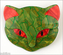 Lea Stein Bacchus The Cat Head Brooch Pin Green Red Front