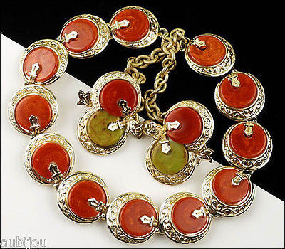 Vintage Signed Art Oriental Orange Red Rust Bakelite Necklace Choker Set Earrings