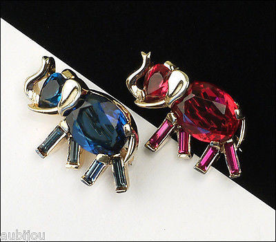 Vintage Trifari Fuchsia Blue Faceted Glass Elephant Pair Brooch Pin Philippe 1940's