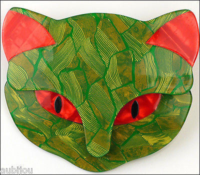 Lea Stein Bacchus The Cat Head Brooch Pin Green Red Gallery