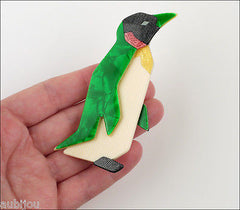 Lea Stein Penguin Brooch Pin Green Cream Black Model